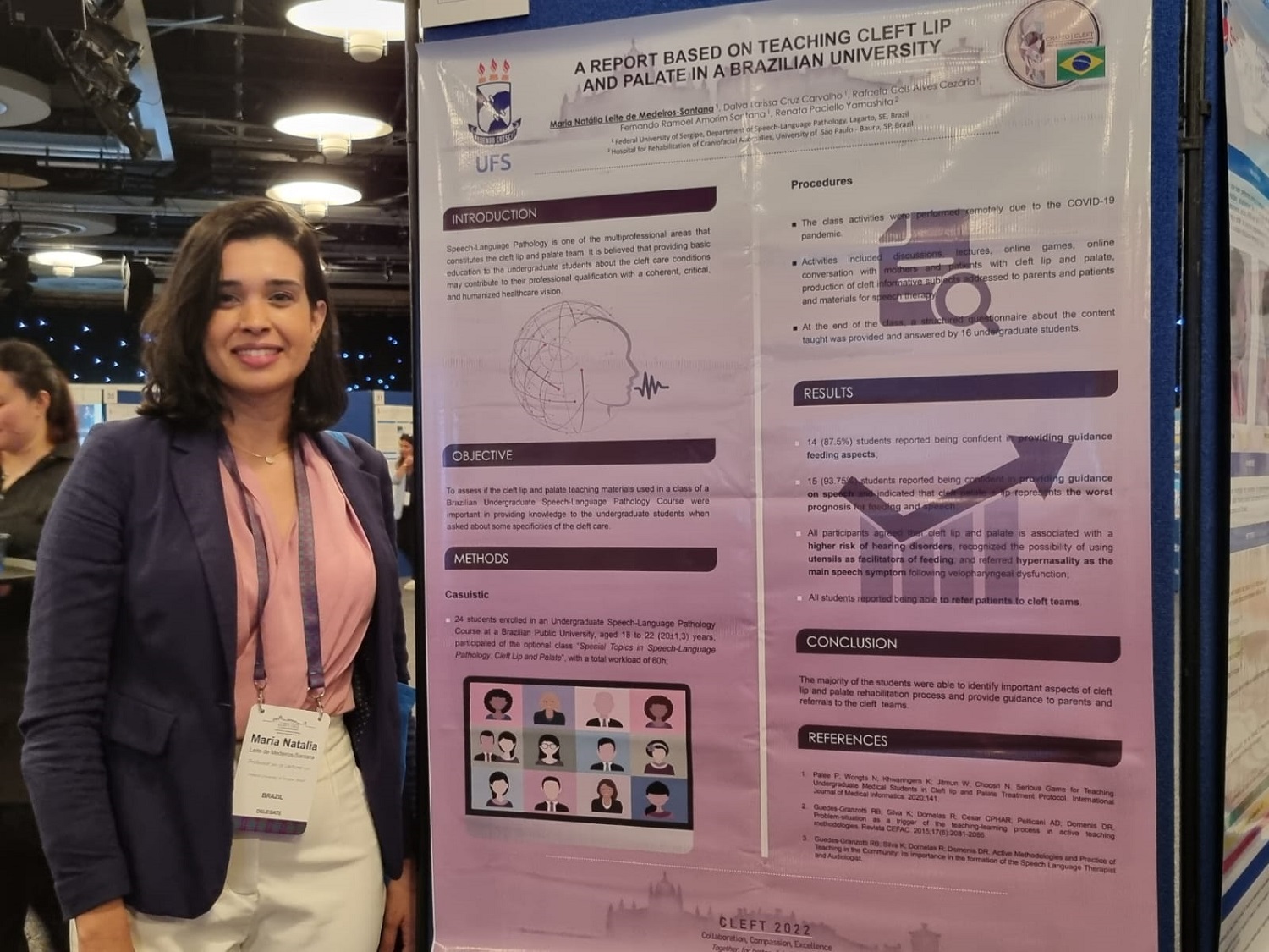 Docente Natália Leite no Congresso Mundial de Fissuras, na Escócia. Imagens: Arquivo pessoal