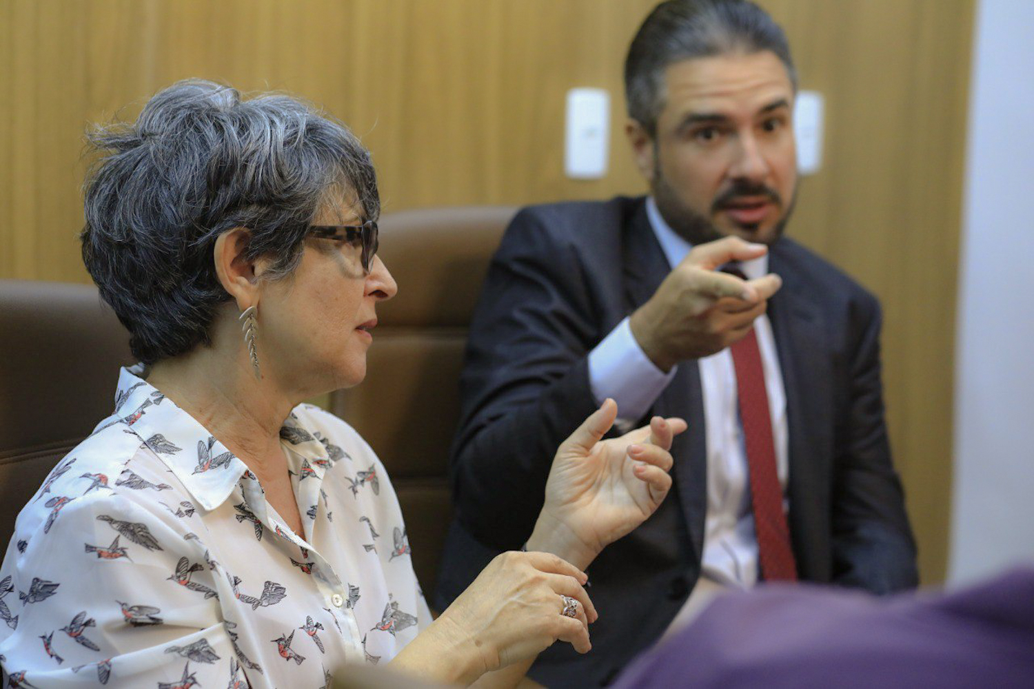 Silvana Bretas, vice-reitora, e Rodrigo Vasconcelos, presidente da Câmara, debatem os possíveis cenários dessa parceria (Foto: Elisa Lemos/Ascom UFS)